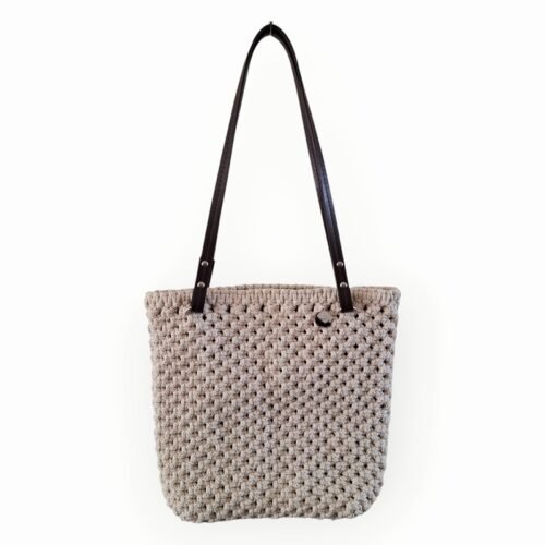 Macramé Tote bag crême met PU lederen handvaten