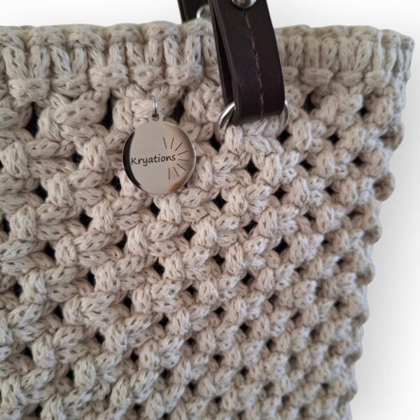 Macramé Tote bag crême met PU lederen handvaten