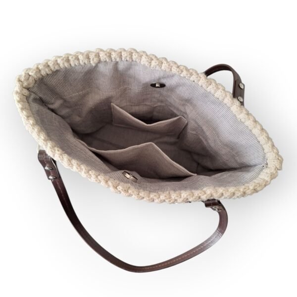 Macramé Tote bag crême met PU lederen handvaten