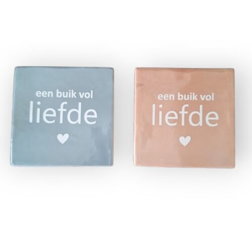 Tekst tegeltje - een buik vol liefde blauw roze voorbeeld