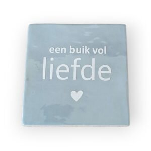 Tekst tegeltje - een buik vol liefde blauw wit