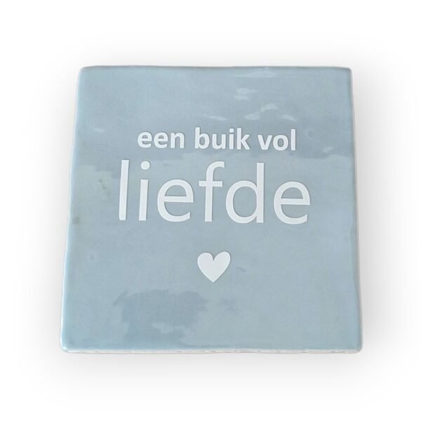 Tekst tegeltje - een buik vol liefde blauw wit Tekst tegeltje - een buik vol liefde blauw wit